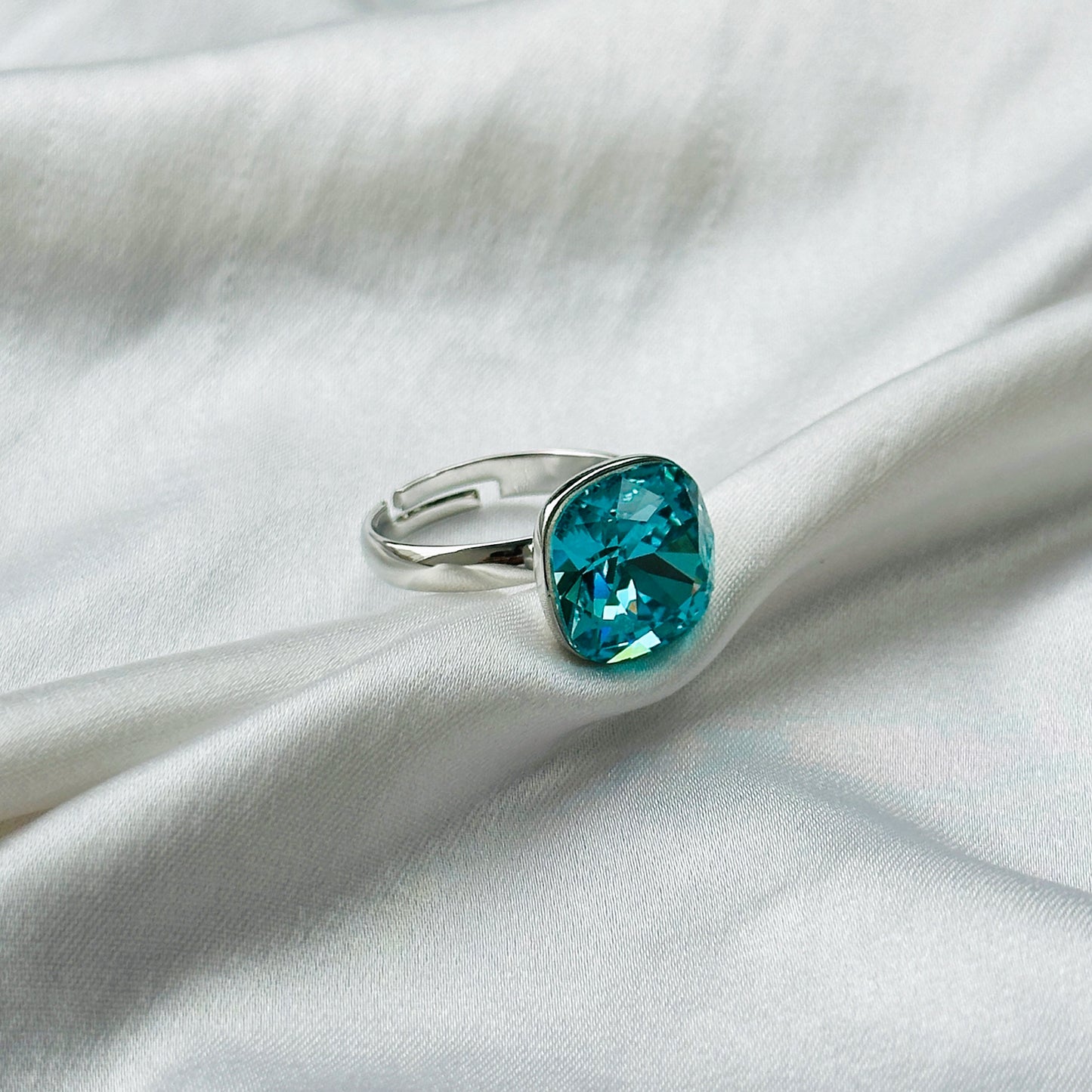 Aqua Blue Indicolite Swarovski Crystal Silver Plated Adjustable Ring