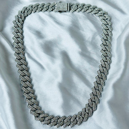 Solitaire Cubic Zirconia Iced-Out American Diamond Silver Plated Cuban Neck Chain [Unisex (18 Inches)]