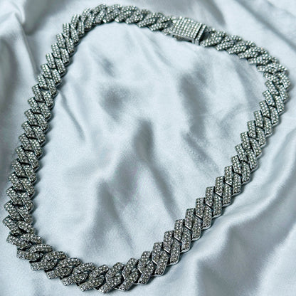 Solitaire Cubic Zirconia Iced-Out American Diamond Silver Plated Cuban Neck Chain [Unisex (18 Inches)]
