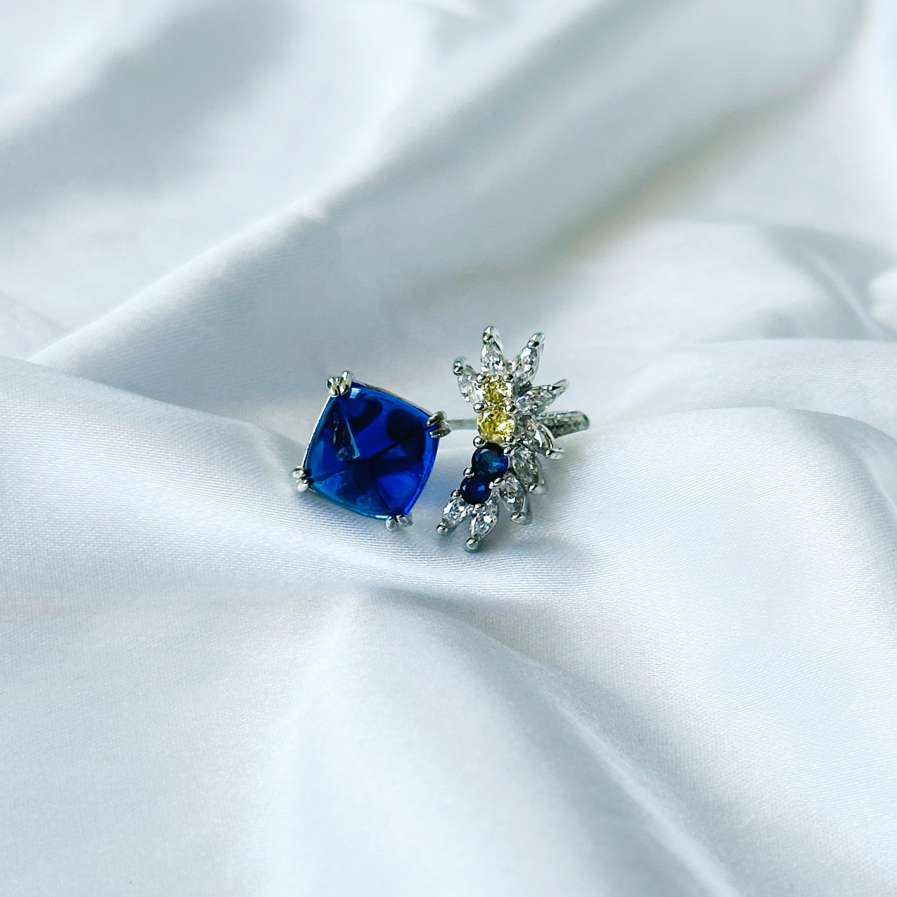 Blue Sapphire/Yellow Topaz Cubic Zircon American Diamond Silver Plated Adjustable Ring