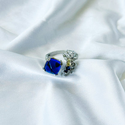 Blue Sapphire/Yellow Topaz Cubic Zircon American Diamond Silver Plated Adjustable Ring