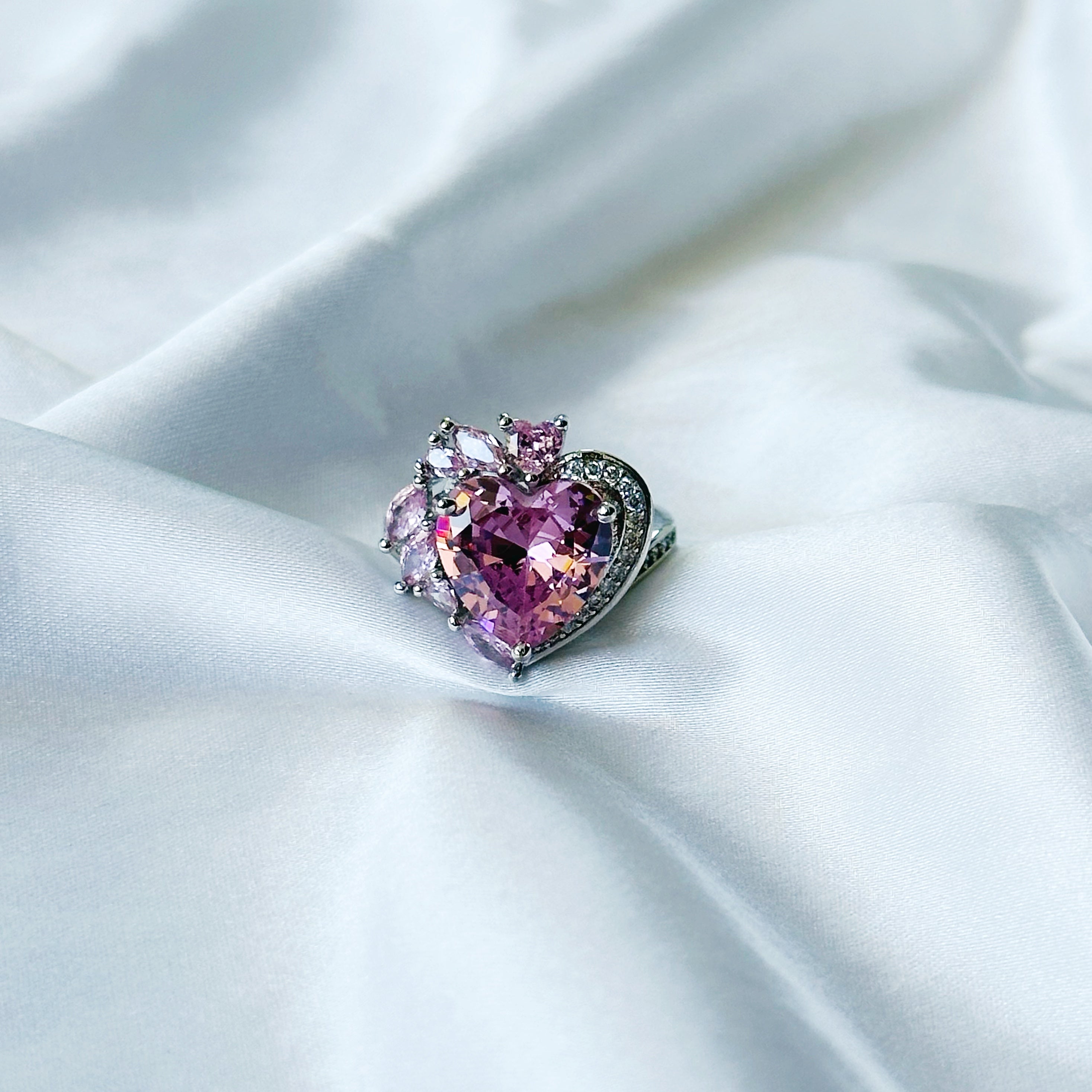 Pink Topaz Cubic Zircon American Diamond Silver Plated Adjustable Ring