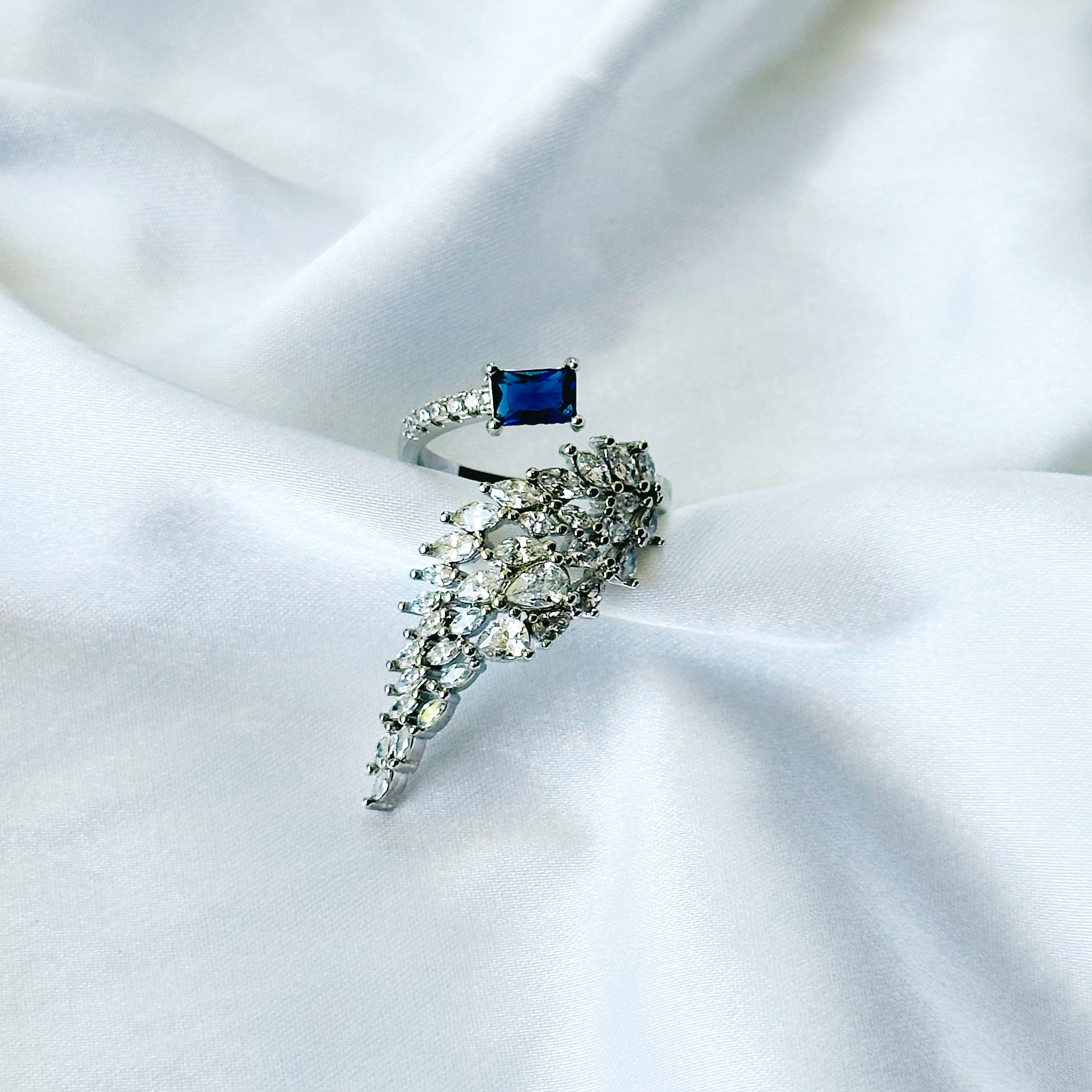 Blue Sapphire Cubic Zircon American Diamond Silver Plated Adjustable Ring