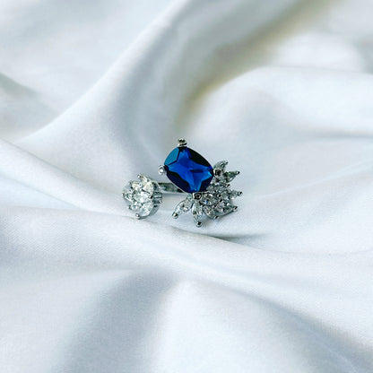Blue Sapphire Cubic Zircon American Diamond Silver Plated Adjustable Ring