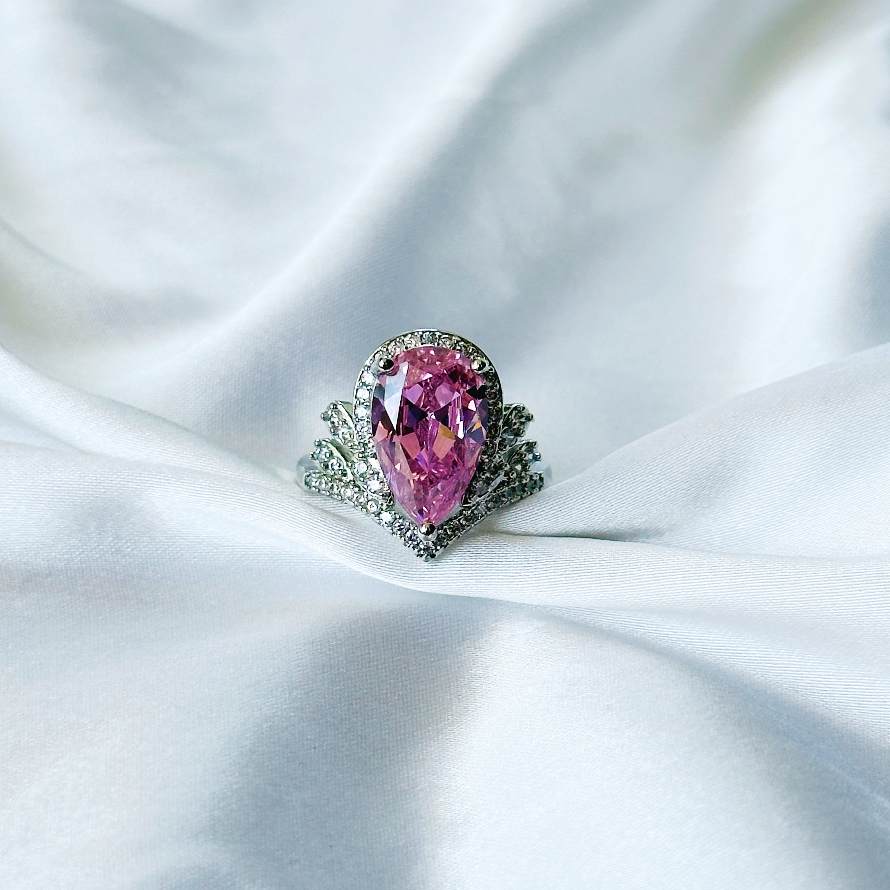 Pink Topaz Cubic Zircon American Diamond Silver Plated Adjustable Ring