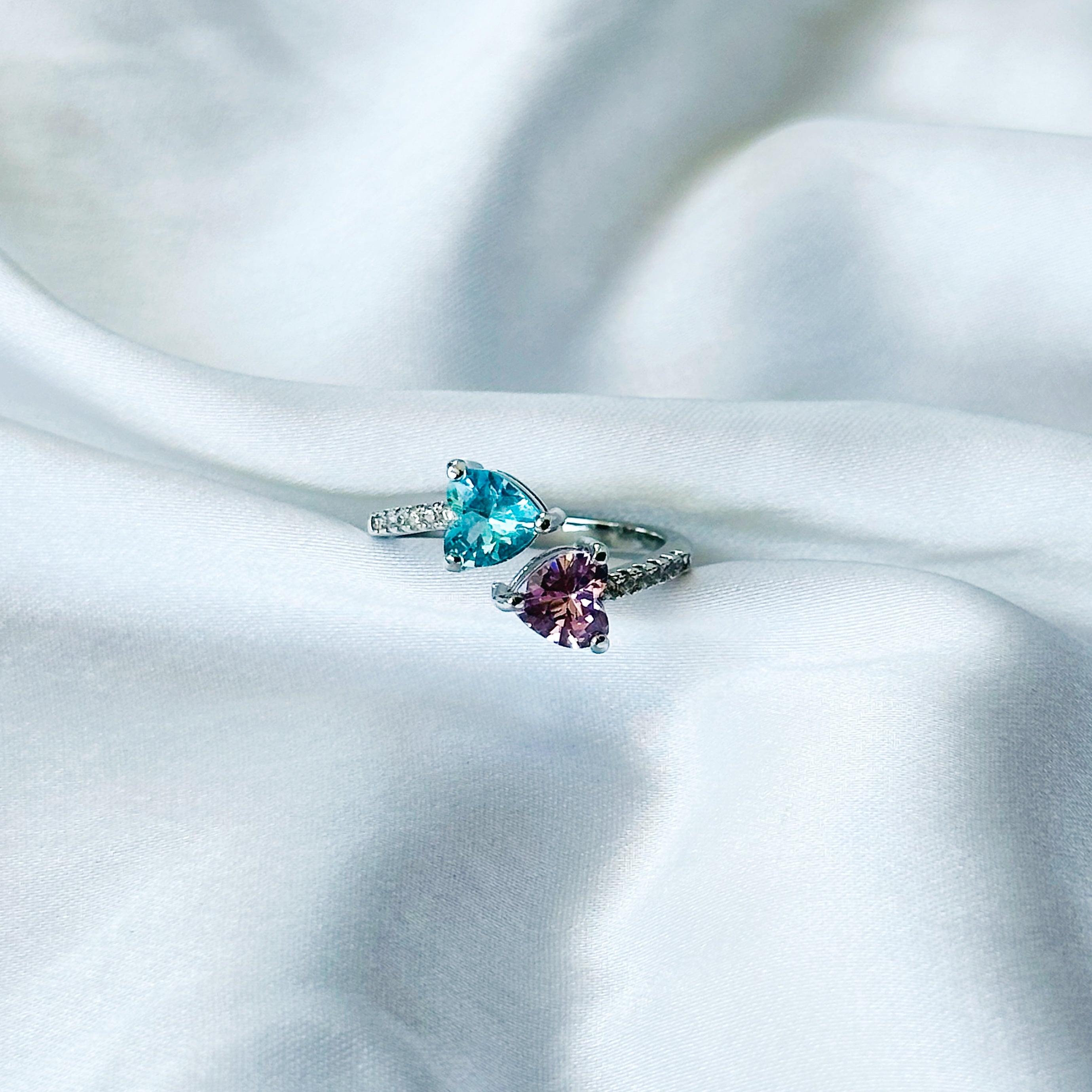 Aqua Blue Sapphire/Pink Topaz Cubic Zircon American Diamond Silver Plated Adjustable Ring