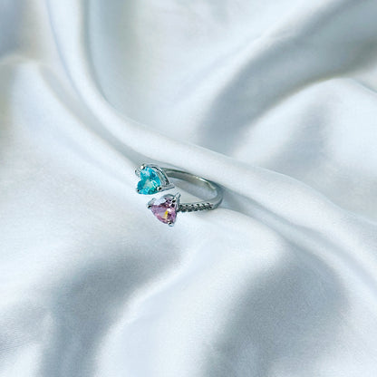 Aqua Blue Sapphire/Pink Topaz Cubic Zircon American Diamond Silver Plated Adjustable Ring