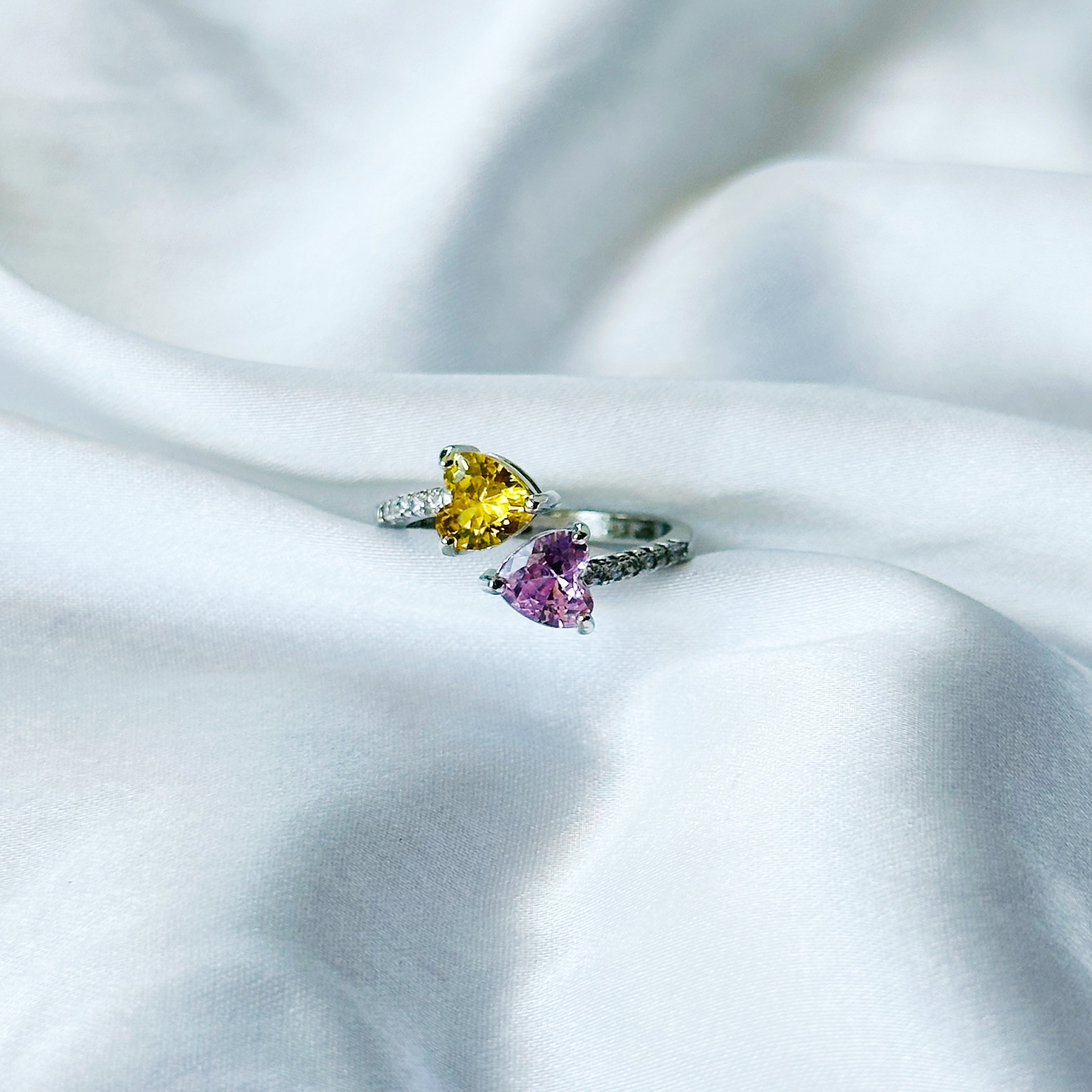 Yellow Topaz/Pink Topaz Cubic Zircon American Diamond Silver Plated Adjustable Ring