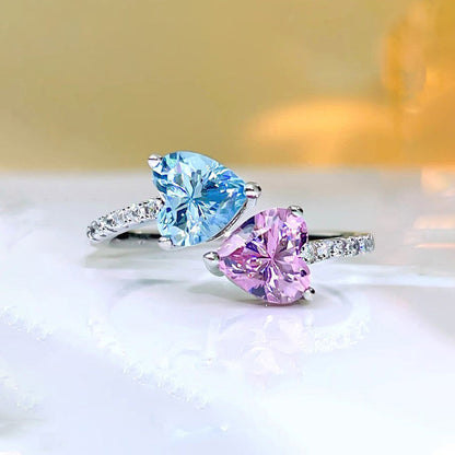 Aqua Blue Sapphire/Pink Topaz Cubic Zircon American Diamond Silver Plated Adjustable Ring