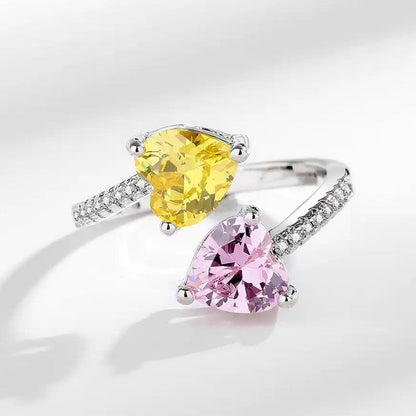 Yellow Topaz/Pink Topaz Cubic Zircon American Diamond Silver Plated Adjustable Ring