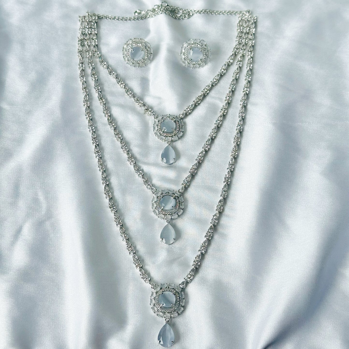 Grey Zircon Stones American Diamond Silver Plated Rani Haar Necklace Set