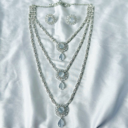 Grey Zircon Stones American Diamond Silver Plated Rani Haar Necklace Set