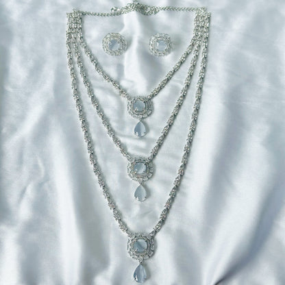 Grey Zircon Stones American Diamond Silver Plated Rani Haar Necklace Set