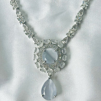 Grey Zircon Stones American Diamond Silver Plated Rani Haar Necklace Set