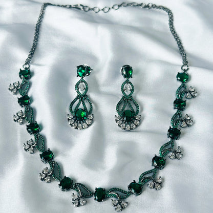 Green Emerald Cubic Zircon Stones American Diamond Victorian Plated Necklace Set