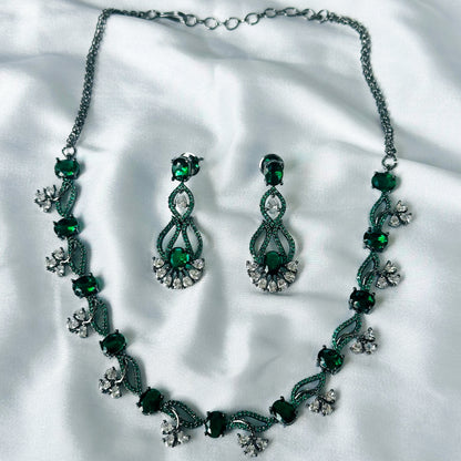 Green Emerald Cubic Zircon Stones American Diamond Victorian Plated Necklace Set