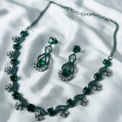 Green Emerald Cubic Zircon Stones American Diamond Victorian Plated Necklace Set