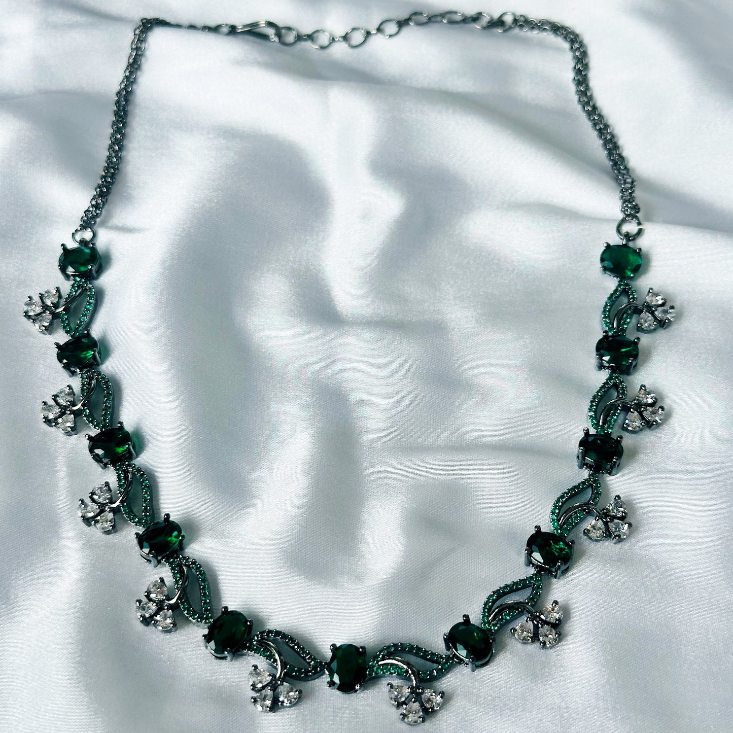 Green Emerald Cubic Zircon Stones American Diamond Victorian Plated Necklace Set