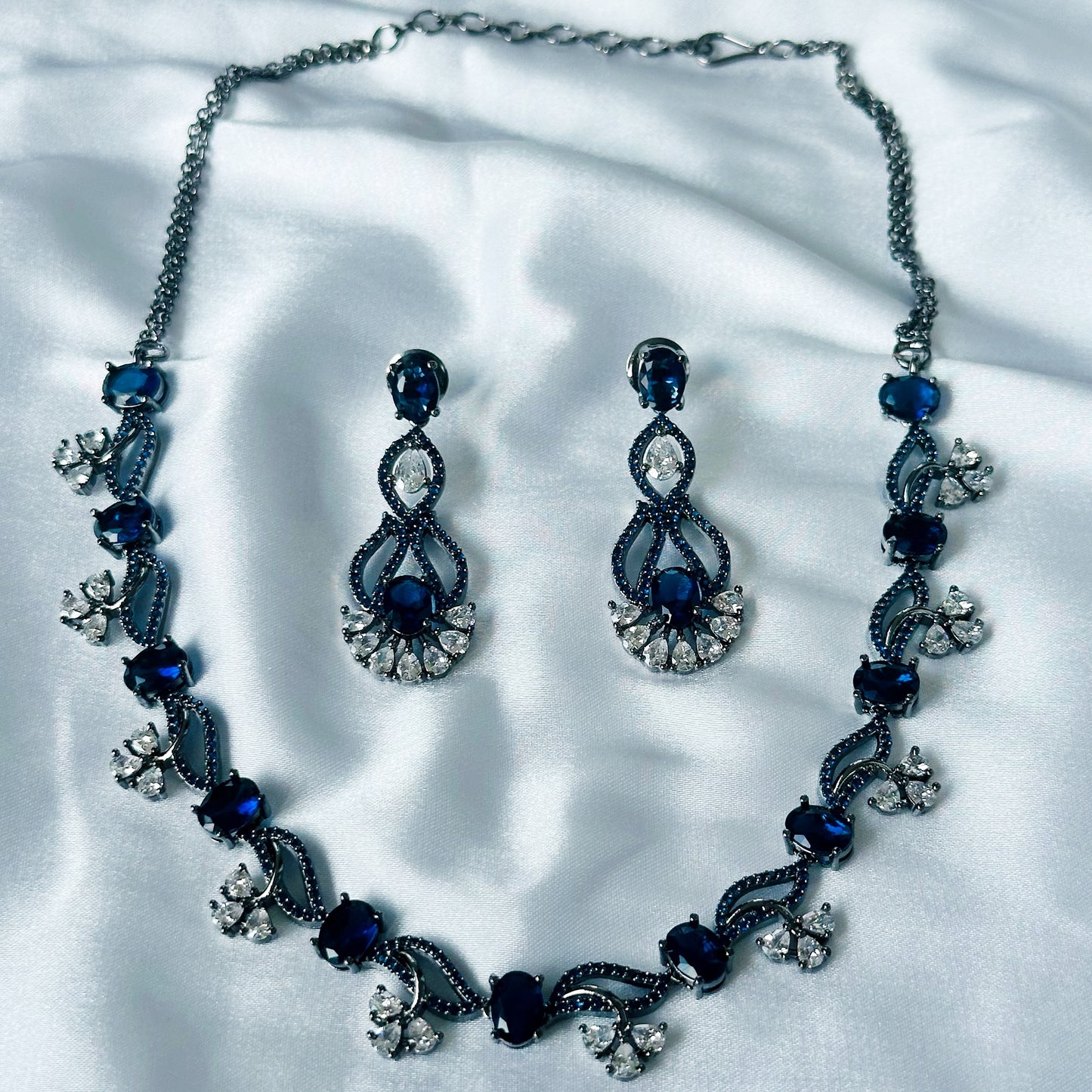 Blue Sapphire Cubic Zircon Stones American Diamond Victorian Plated Necklace Set