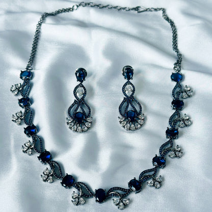 Blue Sapphire Cubic Zircon Stones American Diamond Victorian Plated Necklace Set