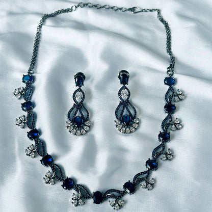 Blue Sapphire Cubic Zircon Stones American Diamond Victorian Plated Necklace Set