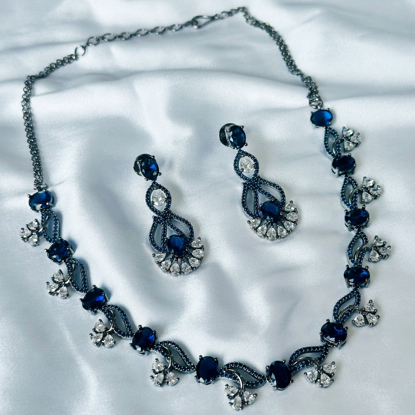 Blue Sapphire Cubic Zircon Stones American Diamond Victorian Plated Necklace Set