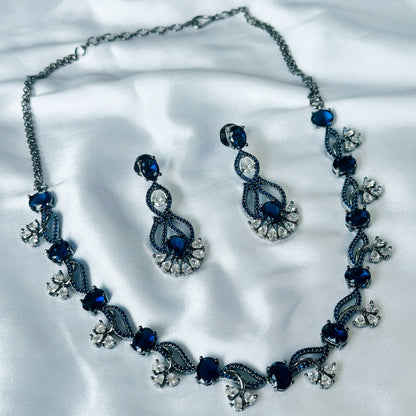 Blue Sapphire Cubic Zircon Stones American Diamond Victorian Plated Necklace Set