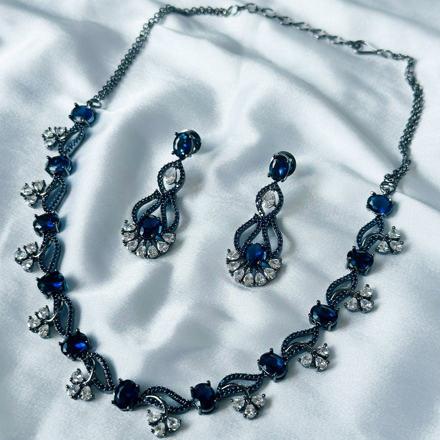 Blue Sapphire Cubic Zircon Stones American Diamond Victorian Plated Necklace Set