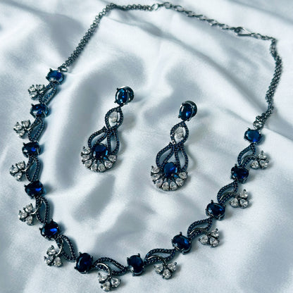 Blue Sapphire Cubic Zircon Stones American Diamond Victorian Plated Necklace Set