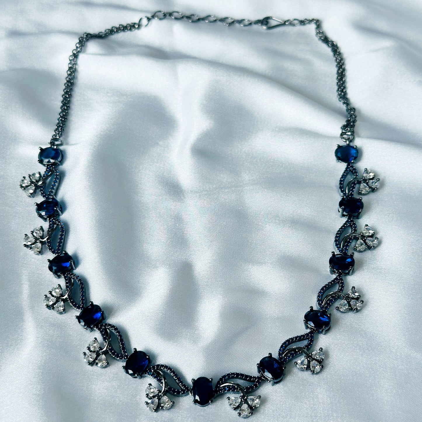 Blue Sapphire Cubic Zircon Stones American Diamond Victorian Plated Necklace Set
