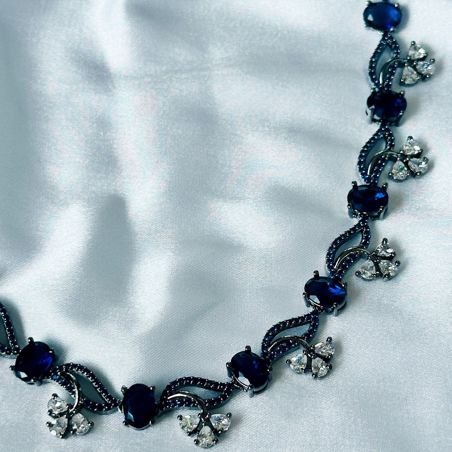Blue Sapphire Cubic Zircon Stones American Diamond Victorian Plated Necklace Set