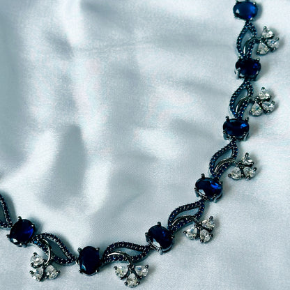 Blue Sapphire Cubic Zircon Stones American Diamond Victorian Plated Necklace Set