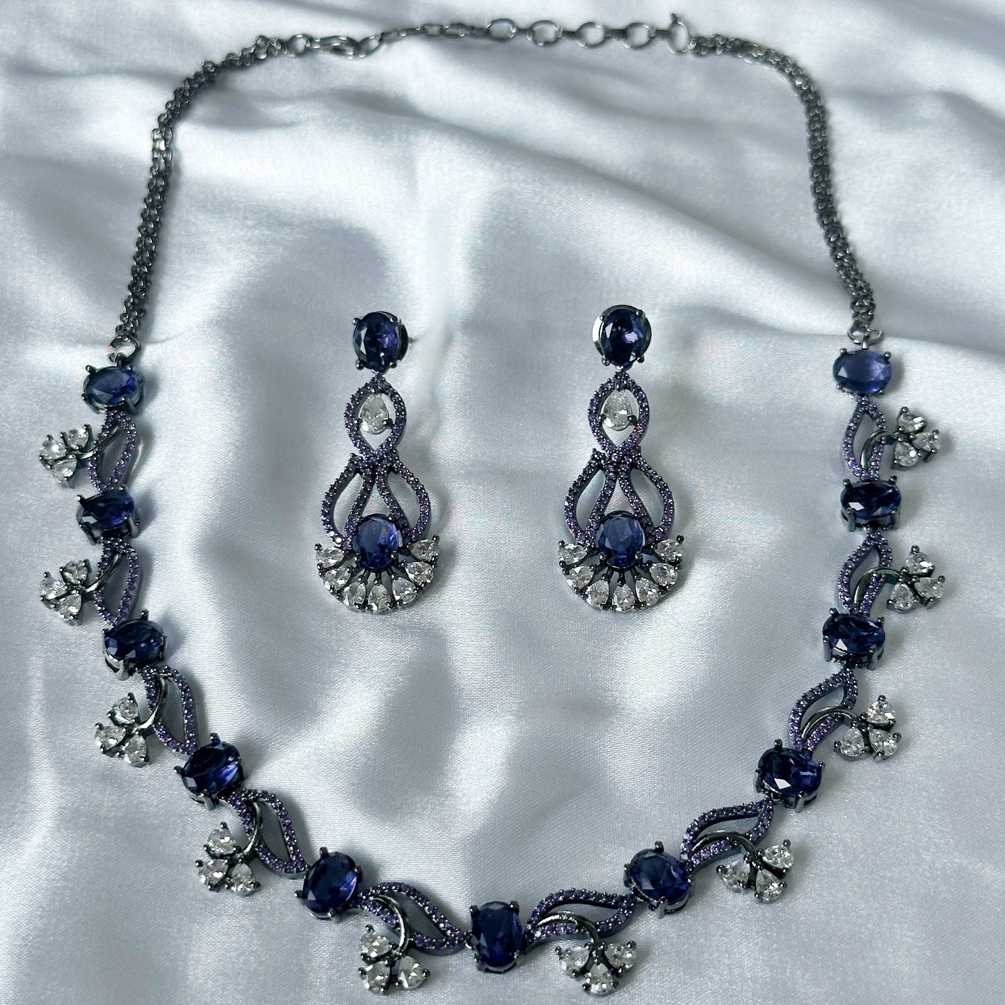 Deep Purple Amethyst Cubic Zircon Stones American Diamond Victorian Plated Necklace Set