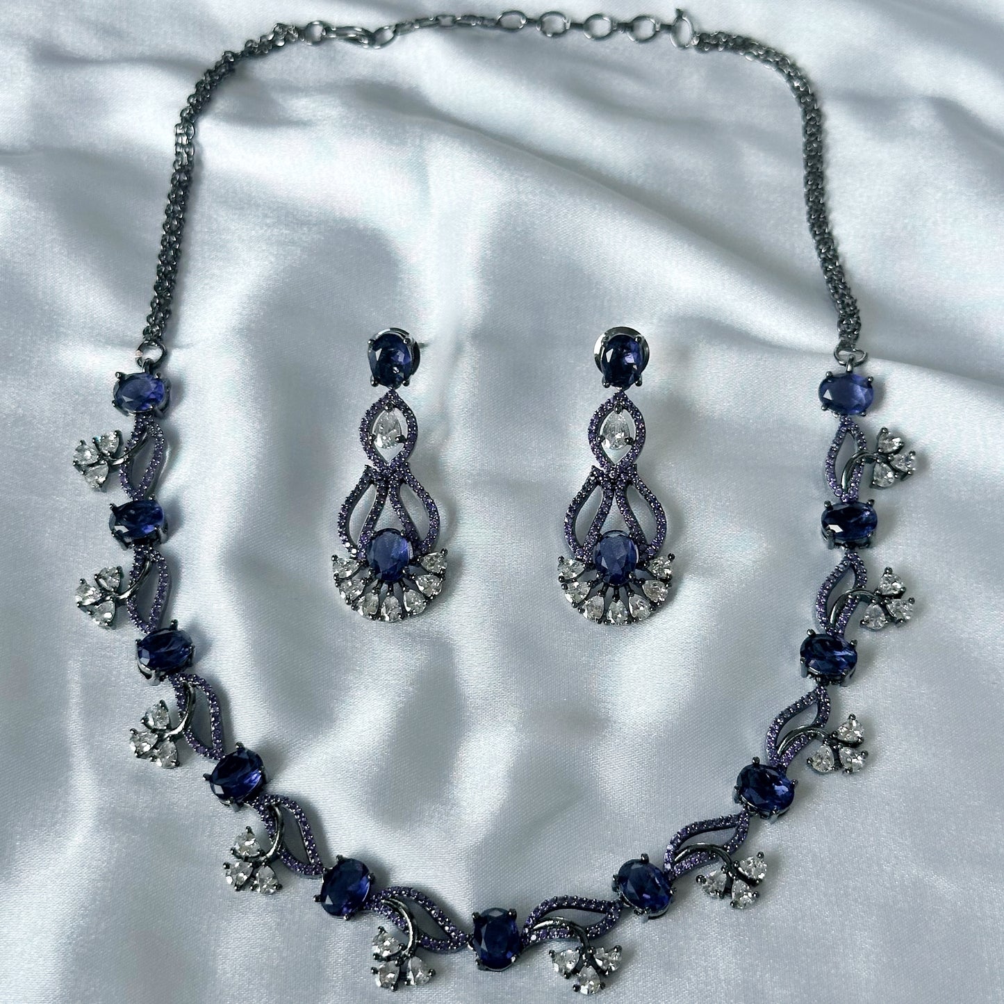 Deep Purple Amethyst Cubic Zircon Stones American Diamond Victorian Plated Necklace Set