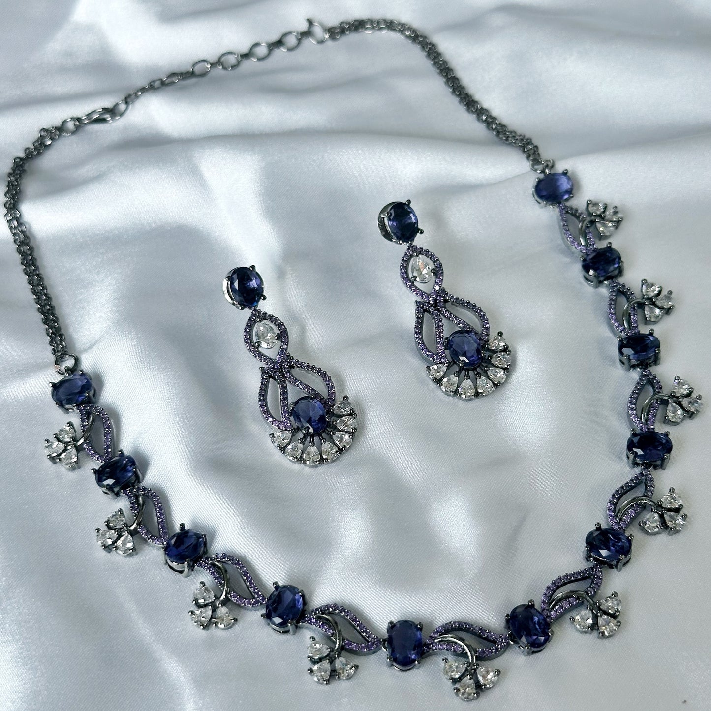 Deep Purple Amethyst Cubic Zircon Stones American Diamond Victorian Plated Necklace Set