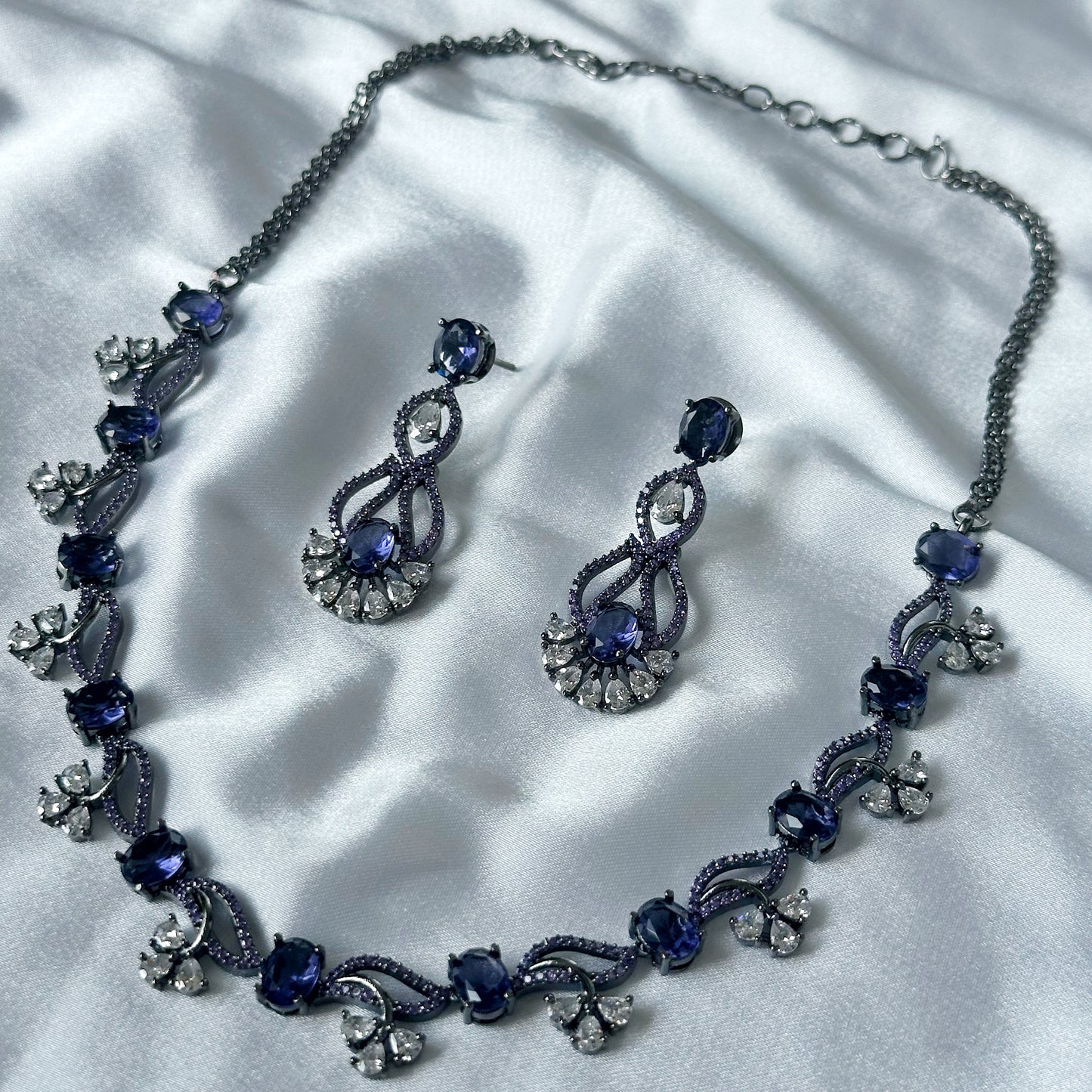 Deep Purple Amethyst Cubic Zircon Stones American Diamond Victorian Plated Necklace Set