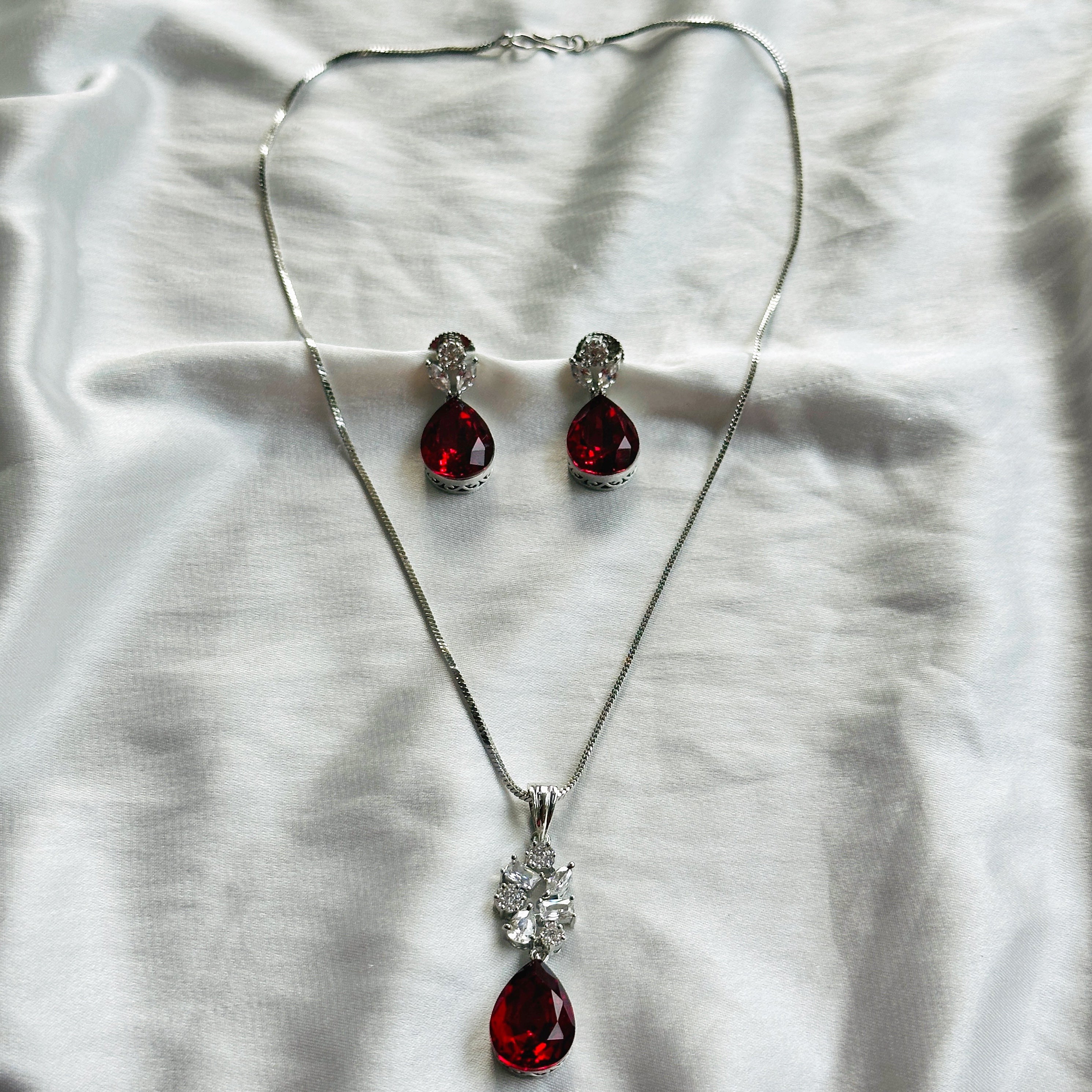 Red Siam Swarovski Crystal American Diamond Silver Plated Pendant Set