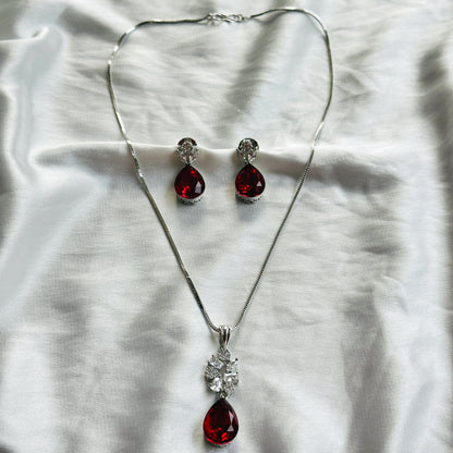 Red Siam Swarovski Crystal American Diamond Silver Plated Pendant Set