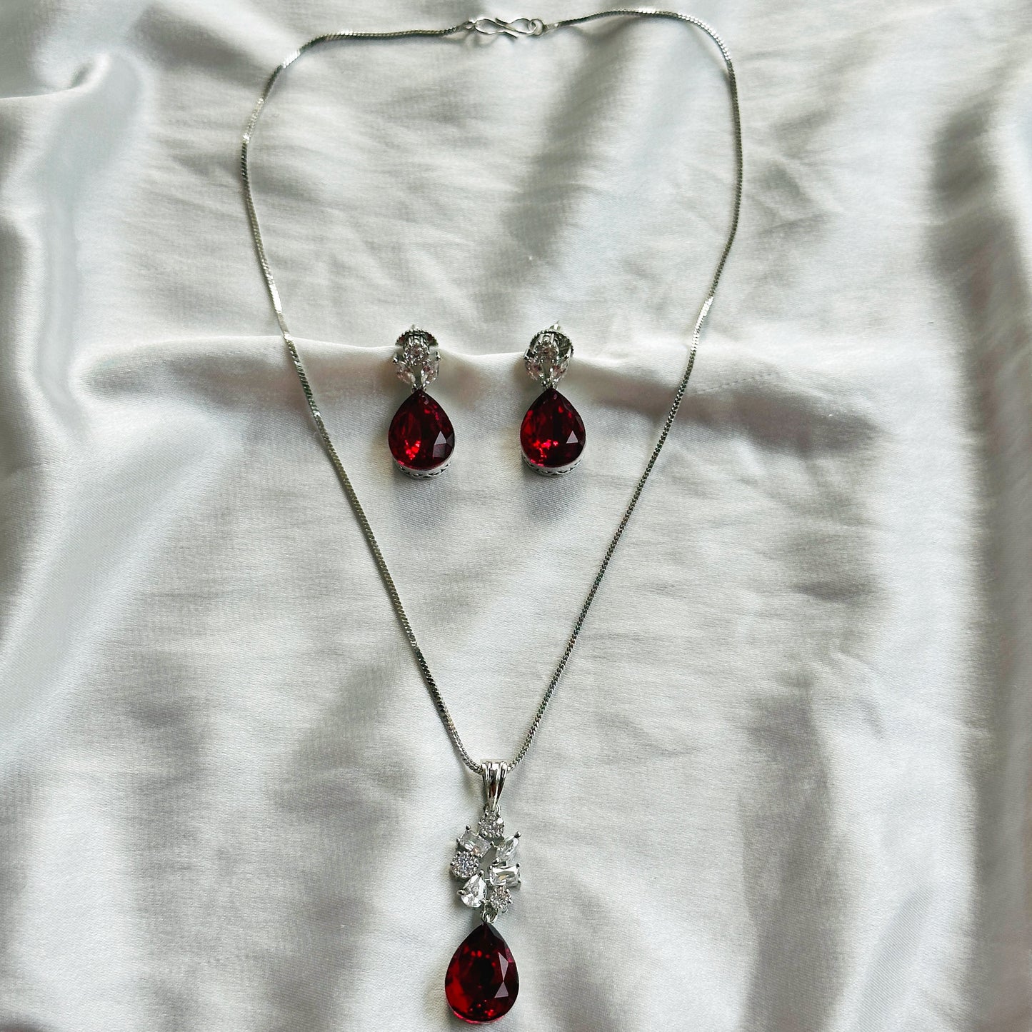 Red Siam Swarovski Crystal American Diamond Silver Plated Pendant Set