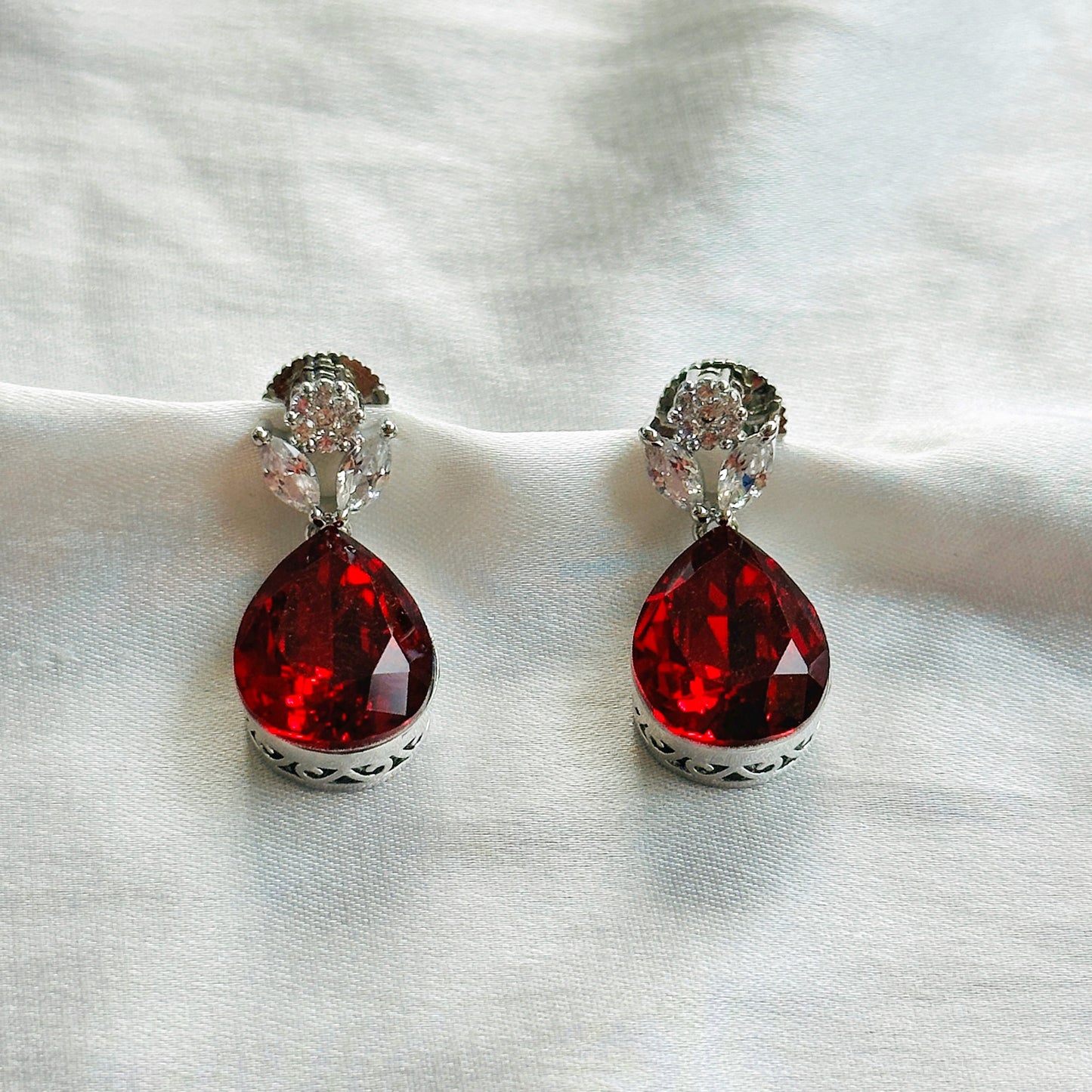 Red Siam Swarovski Crystal American Diamond Silver Plated Pendant Set