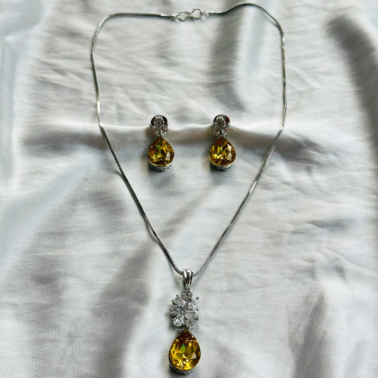 Light Yellow Topaz Swarovski Crystal American Diamond Silver Plated Pendant Set