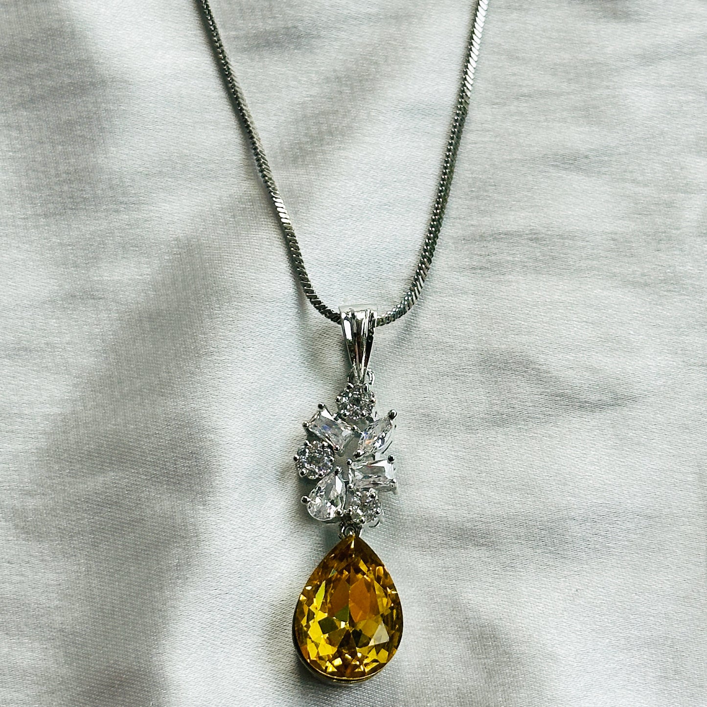 Light Yellow Topaz Swarovski Crystal American Diamond Silver Plated Pendant Set