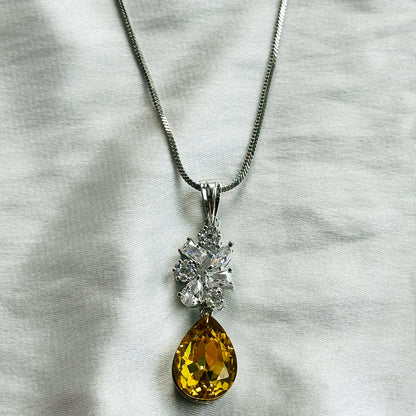 Light Yellow Topaz Swarovski Crystal American Diamond Silver Plated Pendant Set