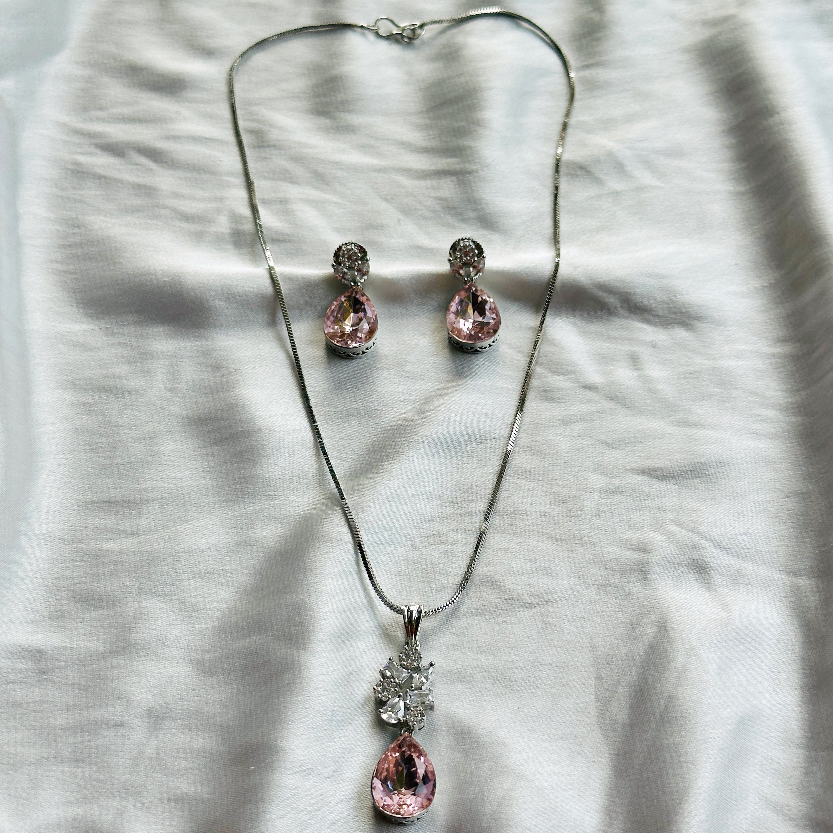 Light Pink Rose Swarovski Crystal American Diamond Silver Plated Pendant Set