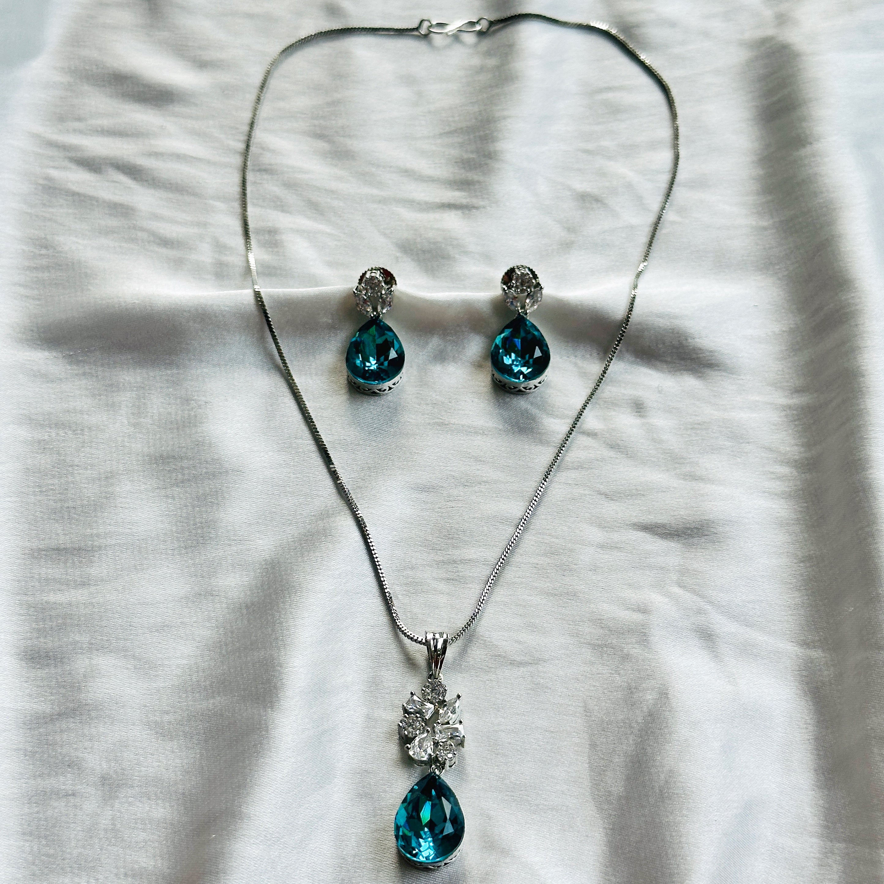 Dark Indigo Blue Swarovski Crystal American Diamond Silver Plated Pendant Set