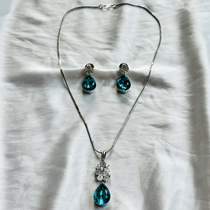 Dark Indigo Blue Swarovski Crystal American Diamond Silver Plated Pendant Set