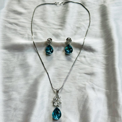 Dark Indigo Blue Swarovski Crystal American Diamond Silver Plated Pendant Set