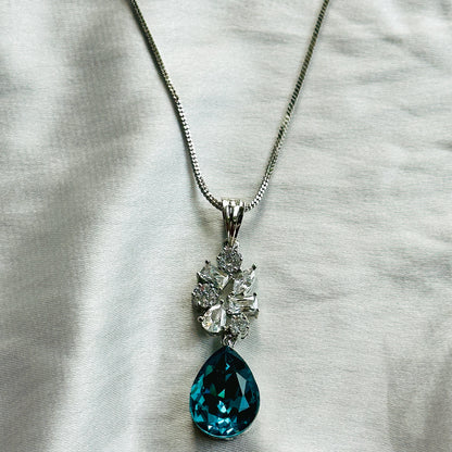 Dark Indigo Blue Swarovski Crystal American Diamond Silver Plated Pendant Set