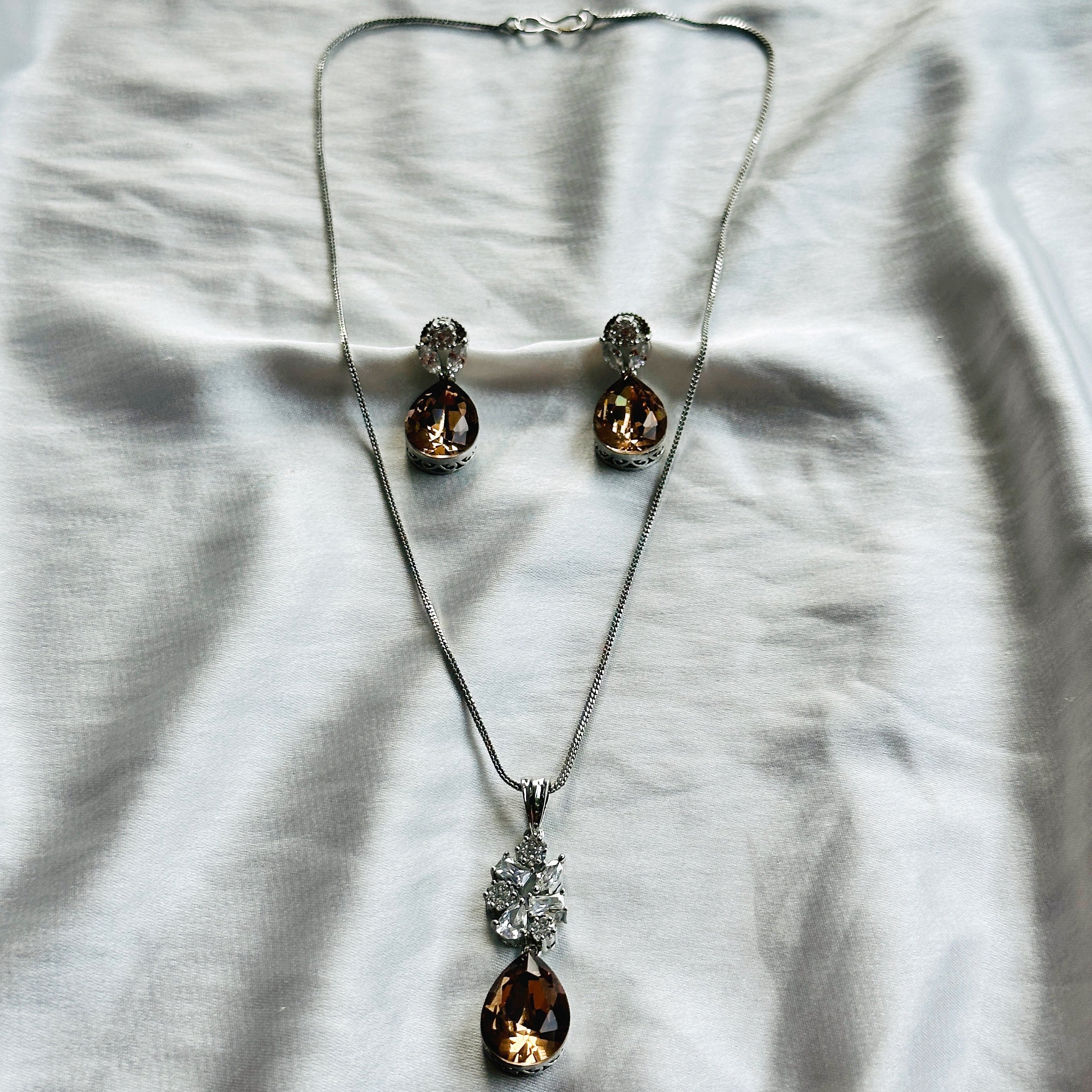 Smoky Copper Quartz Swarovski Crystal American Diamond Silver Plated Pendant Set