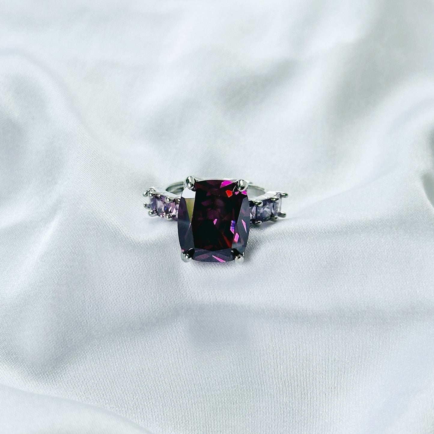 Purple Amethyst Cubic Zirconia Ice Cut American Diamond Silver Plated Adjustable Ring